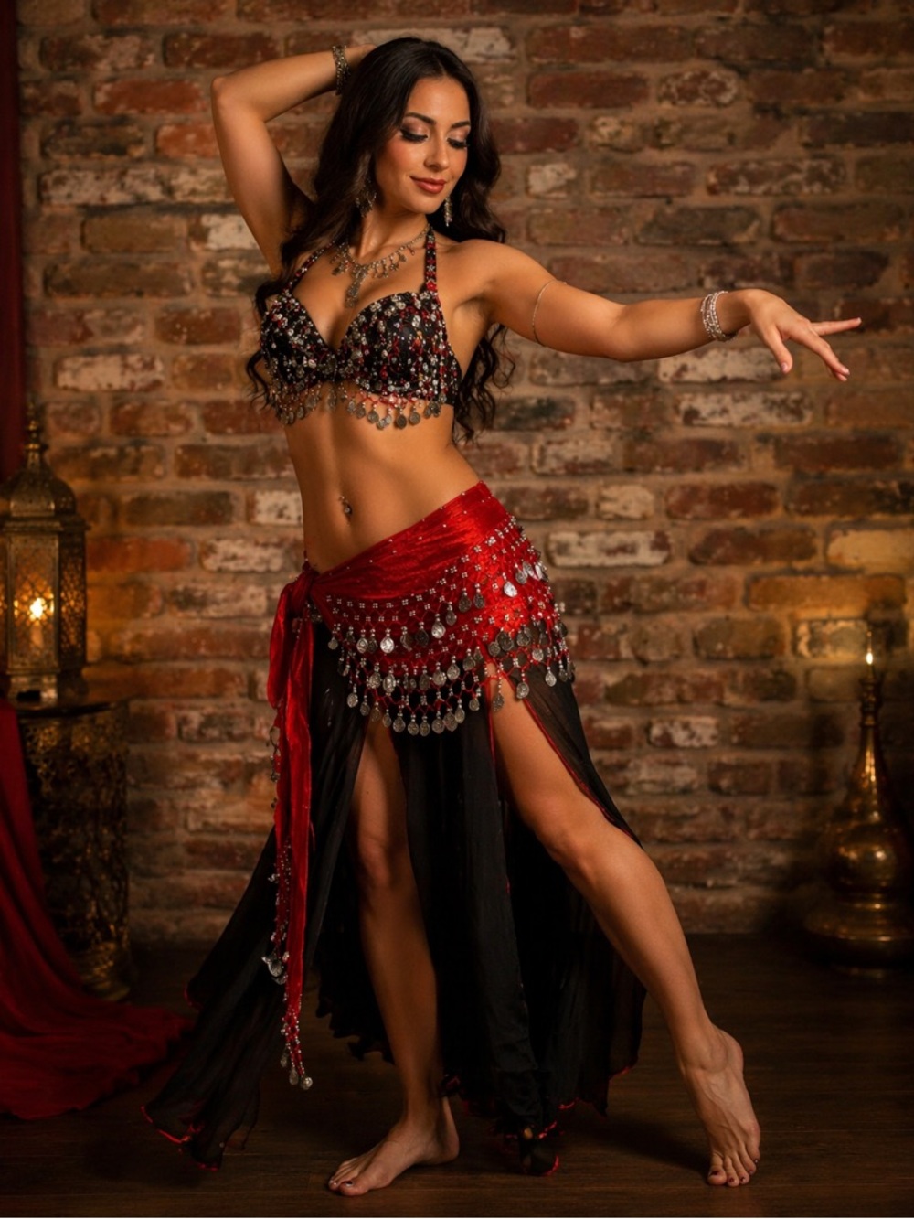 Women's Belly Dance, Bollywood, Gypsy Red Velvet Silver Coin Scarf Hip Wrap
